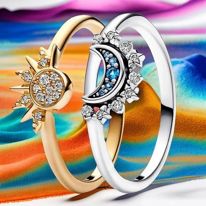 Summer Celestial Blue Sparkling Moon Sun Ring For Women